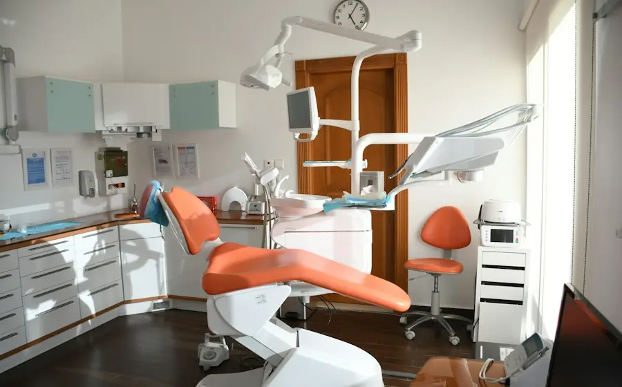 A bright dental clinic with an orange chair