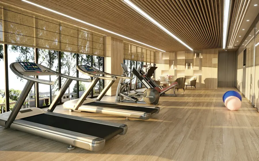 A bright gym with treadmills and large windows
